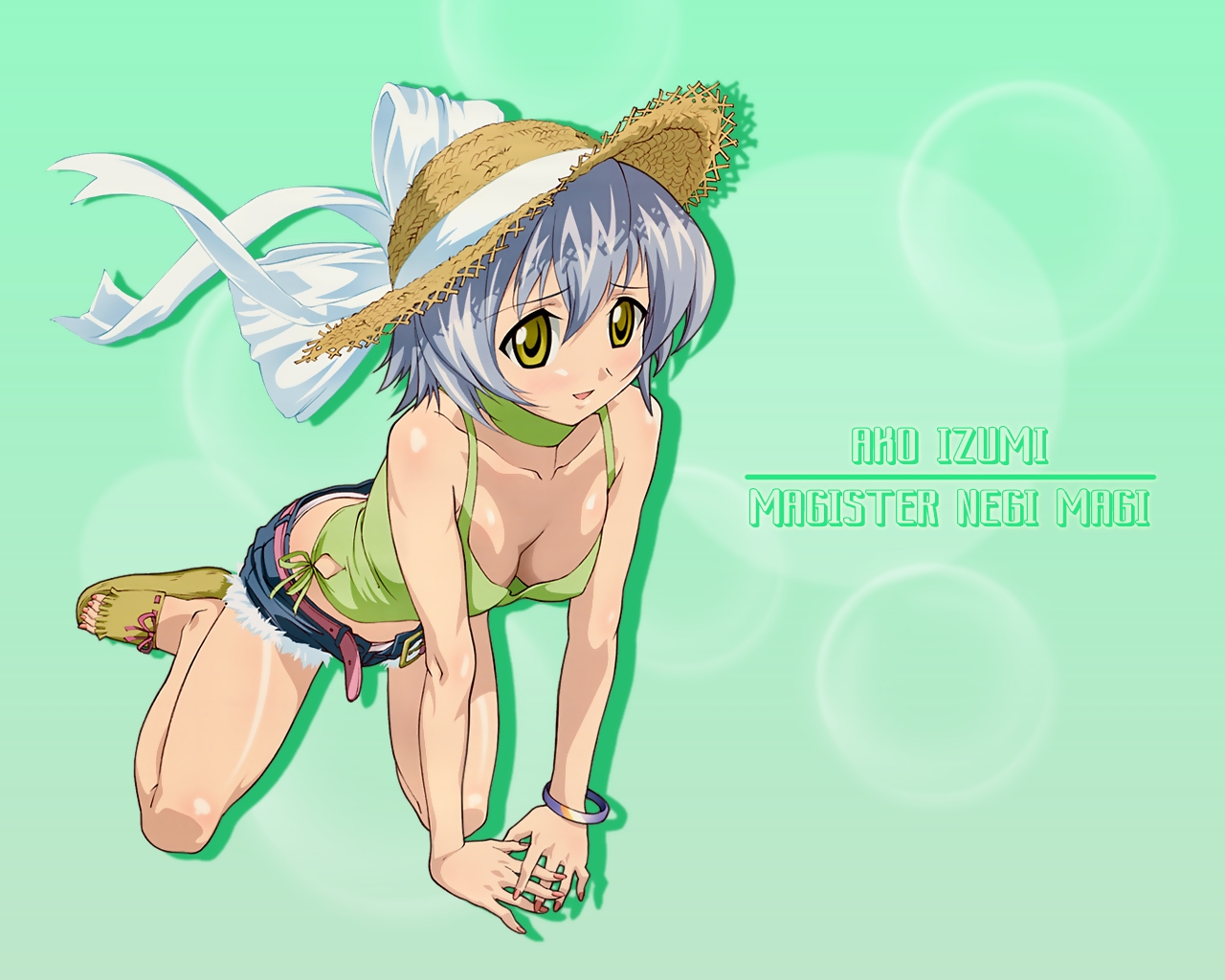 ookaji hiroyuki, izumi ako, mahou sensei negima!, 00s, 1girl, belt, bracelet, breasts, cleavage, denim, denim shorts, female focus, green eyes, hat, jewelry, kneeling, open mouth, panties, short hair, shorts, smile, solo, underwear, white hair