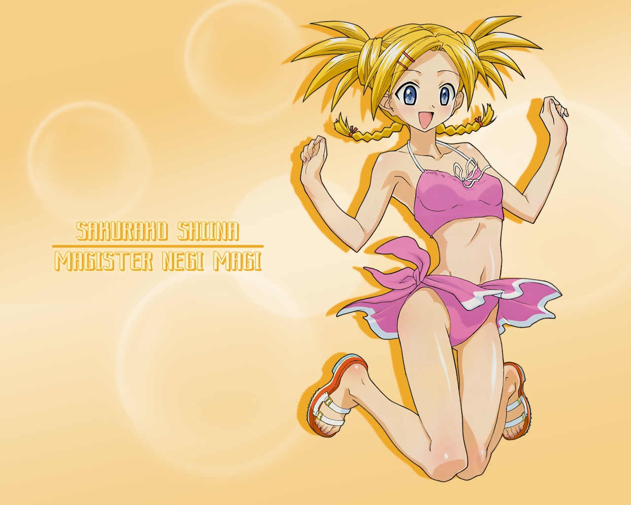 shiina sakurako, mahou sensei negima!, artist request, 00s, 1girl, bare arms, bare legs, bare shoulders, bikini, bikini top only, blonde hair, blue eyes, blush, bra, braid, breasts, breasts apart, bubble, bubble background, character name, feet, female focus, hair ornament, hair tie, hair up, hairclip, happy, jumping, knees, knees together feet apart, navel, open mouth, panties, pink bra, pink panties, sandals, smile, solo, stomach, swimsuit, text focus, toes, underwear, yellow background