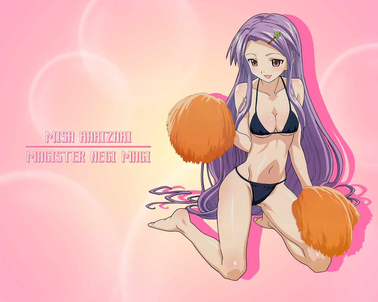 kakizaki misa, mahou sensei negima!, artist request, 00s, 1girl, bare arms, bare legs, bare shoulders, barefoot, bikini, blush, bra, breasts, bubble, bubble background, character name, cleavage, feet, female focus, flower, hair ornament, hairclip, happy, kneeling, knees, long hair, medium breasts, navel, open mouth, panties, pink background, pom pom (cheerleading), purple eyes, purple hair, sitting, smile, solo, stomach, swimsuit, text focus, toes, underwear, very long hair