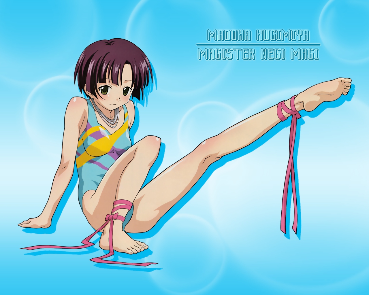 kugimiya madoka, mahou sensei negima!, artist request, 00s, 1girl, arm support, bare arms, bare shoulders, barefoot, blue background, blue one-piece swimsuit, blush, bow, breasts, breasts apart, bubble, bubble background, character name, feet, female focus, grey eyes, happy, jewelry, knees, leg lift, leg up, looking at viewer, multicolored swimsuit, necklace, one-piece swimsuit, pink ribbon, purple hair, purple one-piece swimsuit, ribbon, short hair, sitting, smile, solo, swimsuit, text focus, toes, yellow one-piece swimsuit