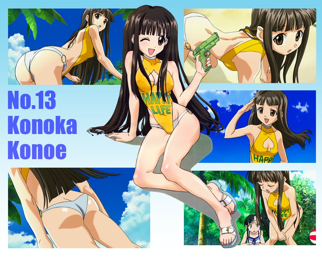 konoe konoka, sakurazaki setsuna, mahou sensei negima!, 00s, 2girls, all fours, ass, ass awe, breasts, butt crack, cap collage, casual one-piece swimsuit, cleavage, cleavage cutout, clothing cutout, cloud, english text, looking at ass, medium breasts, multiple girls, one-piece swimsuit, one eye closed, sandals, sky, slippers, spade, swimsuit, water gun, wink, yuri, zoom layer