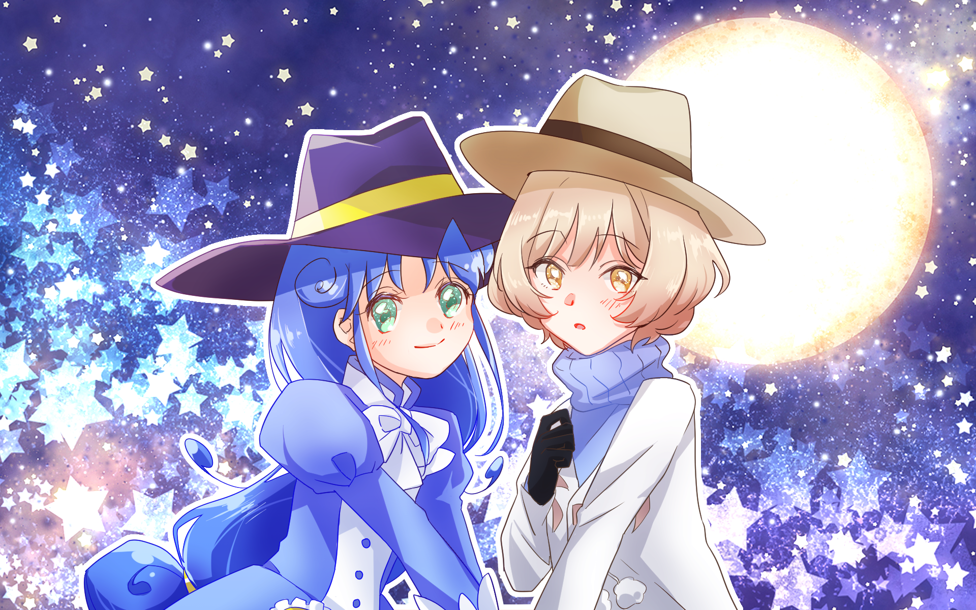 moritsuka shun, occultic;nine, science adventure, fluffy hair, shiny eyes, bad link, character request, copyright request, highres, 2girls, black gloves, blonde hair, blue dress, blue hair, blush, chest bow, cosplay, dress, fedora, gloves, green eyes, hat, high collar, kisaki asuna, long hair, long sleeves, looking at viewer, moon, moritsuka shun (cosplay), multiple girls, night, open mouth, ribbed sweater, short hair, smile, sweater, tongue, turtleneck, turtleneck sweater, very long hair, yellow eyes, yuka 4092
