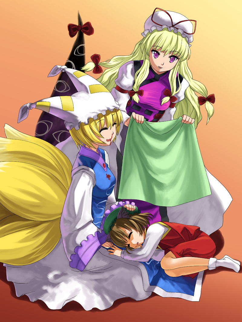 okina ika, chen, yakumo ran, yakumo yukari, touhou, bad id, bad pixiv id, 3girls, animal ears, blanket, blood, cat ears, cat girl, cat tail, female focus, gap (touhou), lap pillow, multiple girls, nosebleed, sleeping, tail