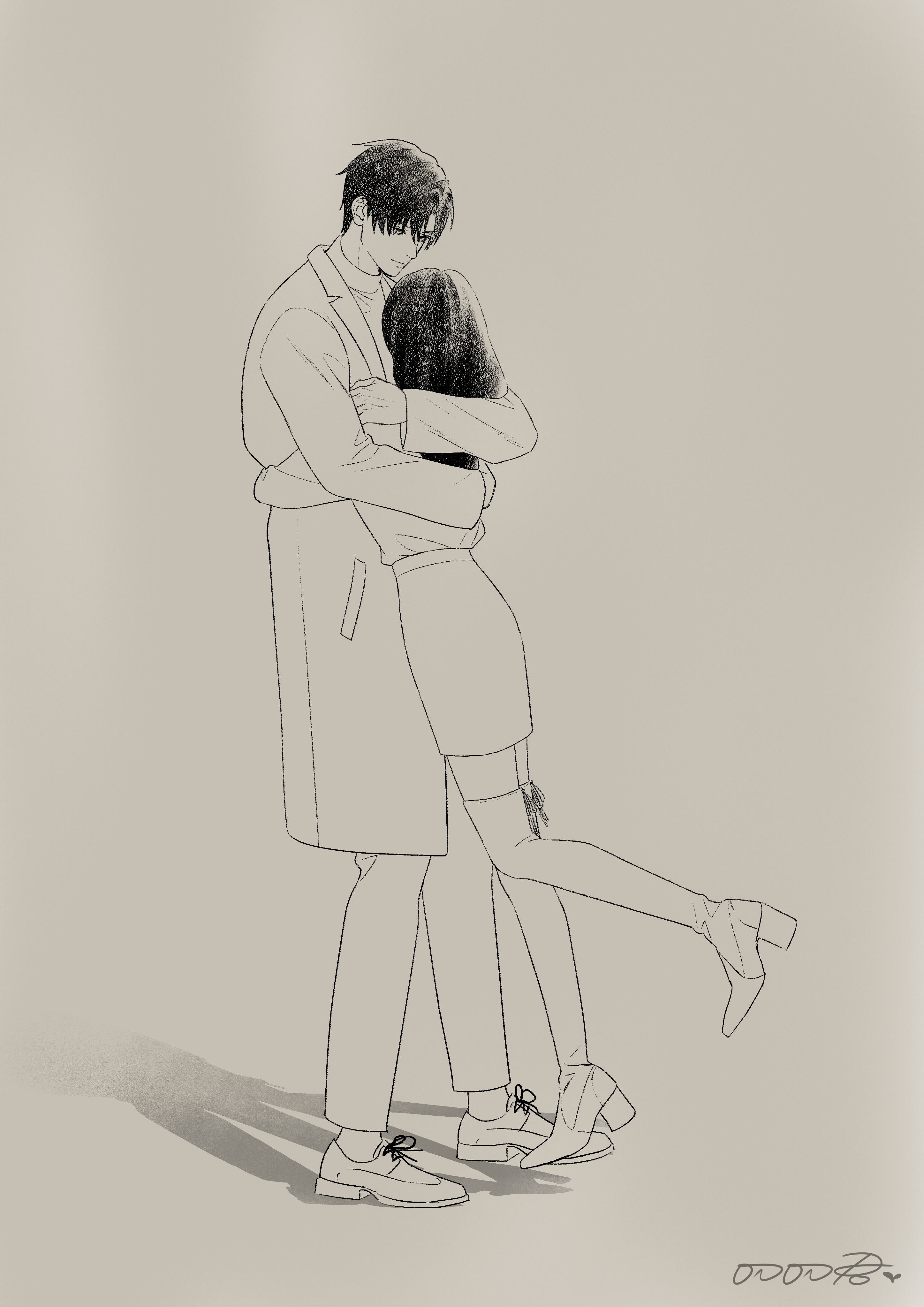 protagonist (love and deepspace), zayne (love and deepspace), love and deepspace, absurdres, highres, 1boy, 1girl, black hair, clowndao, coat, faceless, faceless female, full body, high heels, hug, long hair, long sleeves, monochrome, open clothes, open coat, parted bangs, pencil skirt, shirt, shoes, short hair, skirt