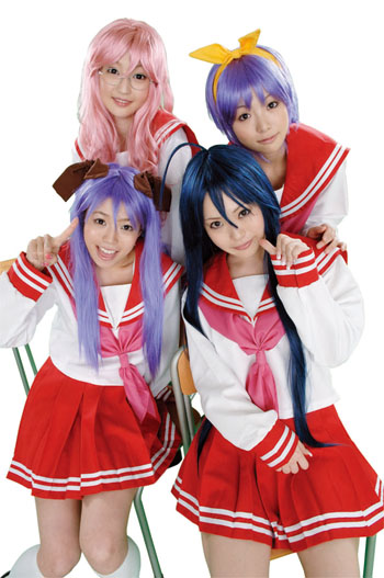 airi hina, hiiragi kagami, hiiragi tsukasa, izumi konata, takara miyuki, lucky chuta, lucky star, cosplay photo, photo (medium), 4girls, :d, asian, blue hair, cosplay, hiiragi kagami (cosplay), hiiragi tsukasa (cosplay), izumi konata (cosplay), multiple girls, open mouth, pink hair, purple hair, school uniform, serafuku, siblings, sisters, smile, takara miyuki (cosplay), twins, white background