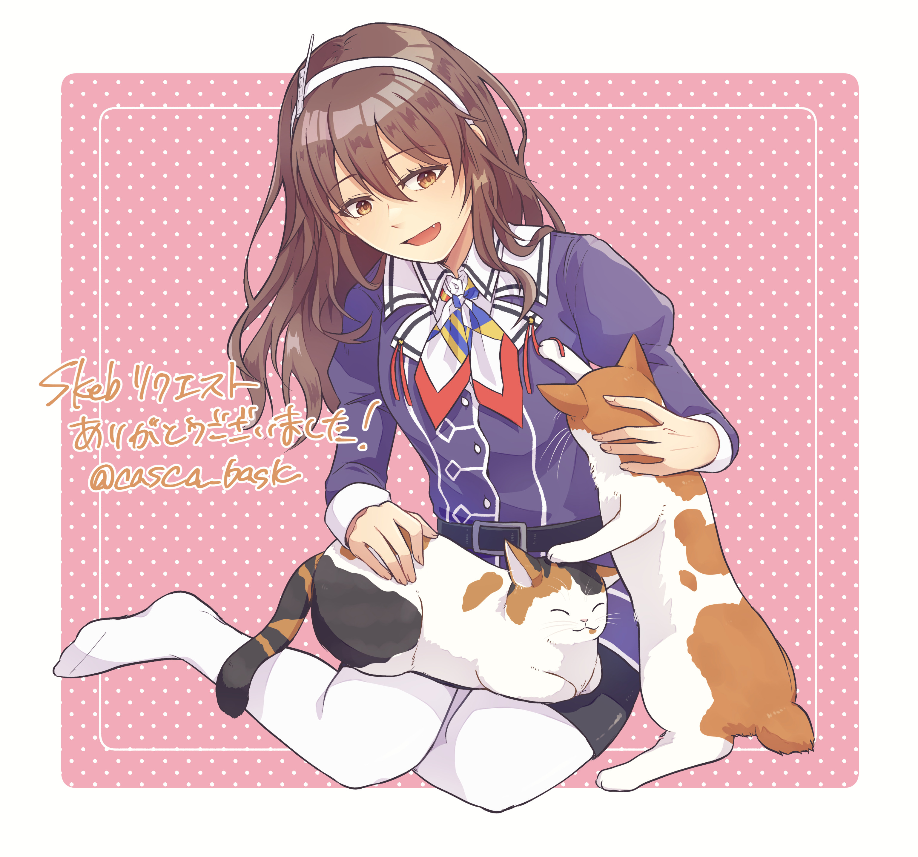 casca (casca bask), ashigara (kancolle), ashigara kai ni (kancolle), kantai collection, absurdres, commission, highres, skeb commission, 1girl, 2others, blush, border, breasts, brown eyes, brown hair, cat, fake horns, gloves, hair ornament, hairband, horned headwear, horns, jacket, long hair, looking at viewer, multiple others, neckerchief, open mouth, pantyhose, pencil skirt, pink background, print neckerchief, purple jacket, sitting, skirt, smile, wavy hair, white border, white hairband, white pantyhose