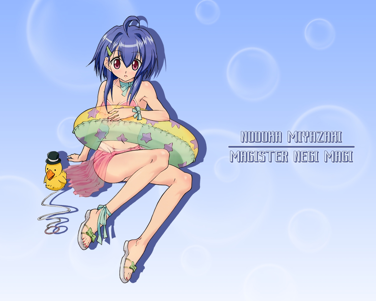miyazaki nodoka, mahou sensei negima!, artist request, 00s, 1girl, ahoge, arm support, bare arms, bare legs, bare shoulders, bikini, bird, blue background, blue hair, blush, bow, bra, breasts, bubble, bubble background, cleavage, duck, feet, hair ornament, hairclip, hat, innertube, knees, looking at viewer, medium breasts, navel, open mouth, panties, pink bikini, pink eyes, purple eyes, ribbon, rubber duck, sandals, short hair, sitting, star (symbol), stomach, string, surprised, swim ring, swimsuit, text focus, underwear