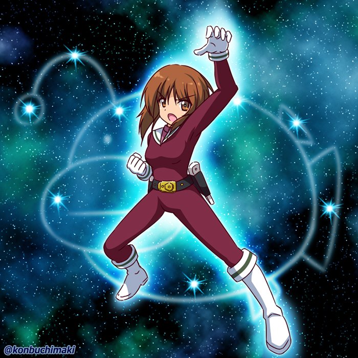 nishizumi miho, pegasus seiya, girls und panzer, saint seiya, 1girl, anglerfish, belt, bodysuit, boots, breasts, brown eyes, brown hair, clenched hand, fighting stance, fish, knee boots, konbuchimaki, large breasts, sailor collar, scene reference, short hair, skin tight, sky, solo, star (sky), starry sky, twitter username, white boots