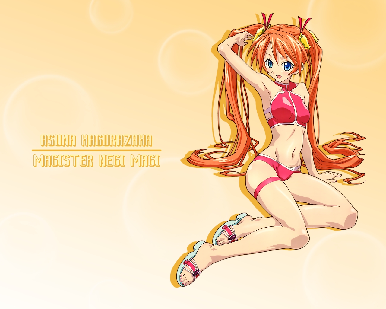 kagurazaka asuna, mahou sensei negima!, artist request, 00s, 1girl, ahoge, arm support, armpits, bare arms, bare legs, bare shoulders, bell, bikini, blue eyes, blush, bra, breasts, breasts apart, bubble, bubble background, character name, feet, green eyes, hair ornament, hair ribbon, hair up, hand in own hair, happy, heterochromia, knees, long hair, looking at viewer, medium breasts, navel, open mouth, orange hair, panties, pink bikini, ponytail, red bikini, ribbon, sandals, sitting, smile, stomach, swimsuit, text focus, twintails, underwear, very long hair, yellow background