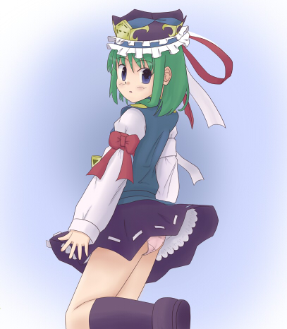 nabetomo, shiki eiki, touhou, lowres, 1girl, female focus, gradient background, green hair, hat, panties, ribbon, skirt, solo, underwear, white background