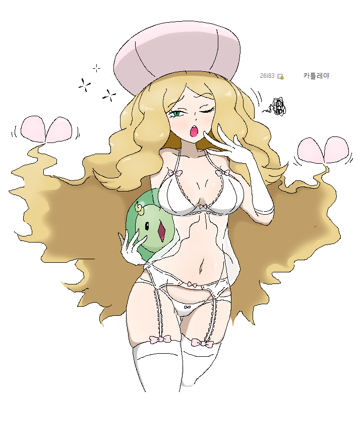 waagh52, caitlin (pokemon), solosis, nintendo, pokemon, pokemon bw, 1girl, babydoll, blonde hair, breasts, gen 5 pokemon, gloves, green eyes, hat, long hair, navel, one eye closed, open mouth, panties, pink hat, pokemon (creature), solo, squiggle, underwear, very long hair, white babydoll, white gloves, white panties, yawning