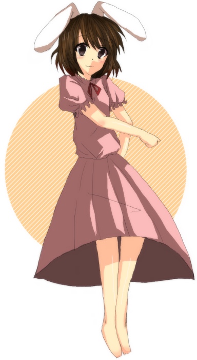kamaboko natsuka, inaba tewi, imperishable night, touhou, bad id, bad pixiv id, 1girl, animal ears, barefoot, dress, female focus, full body, rabbit ears, solo, white background