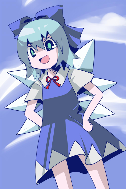 yusa (be2001), cirno, embodiment of scarlet devil, touhou, bad id, bad pixiv id, 1girl, blue hair, bow, female focus, hands on own hips, ribbon, smile, solo, wings