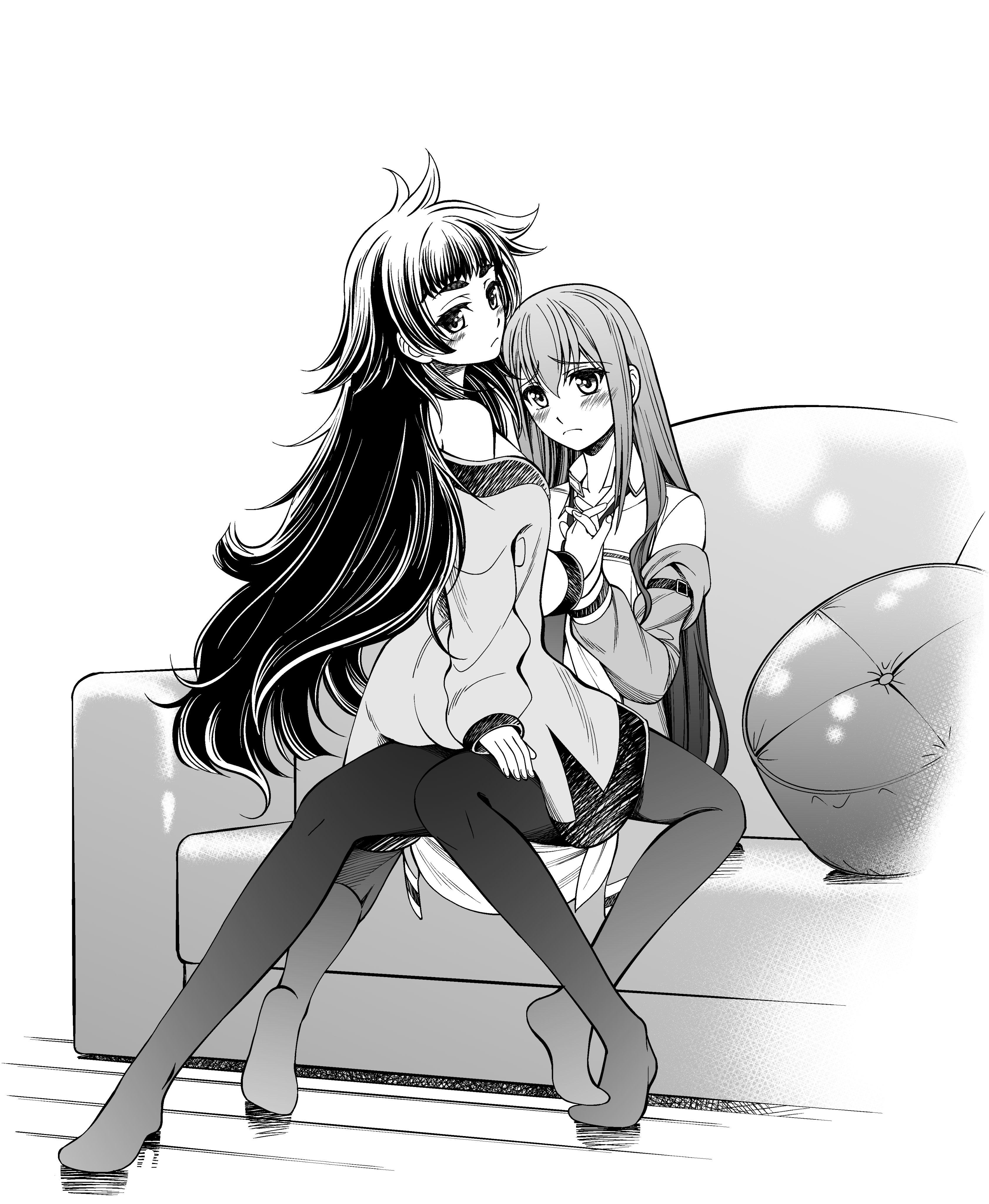 eibon, hiyajou maho, makise kurisu, science adventure, steins;gate, steins;gate 0, shiny eyes, absurdres, highres, 2girls, ahoge, arm belt, blush, breasts, cleavage, clothes pull, couch, dress pull, dress shirt, full body, greyscale, hair between eyes, hand on another's thigh, holding hands, jacket, jacket pull, light frown, long hair, long sleeves, looking at viewer, looking back, loose necktie, monochrome, multiple girls, necktie, open collar, pantyhose, shirt, single bare shoulder, sitting, skirt, small breasts, straddling, very long hair, white shirt, yuri