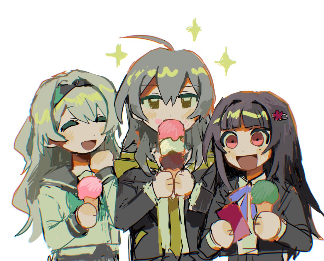 docoe dot, firefly (honkai: star rail), firefly (spring missive) (honkai: star rail), sparkle (honkai: star rail), sparkle (school uniform) (honkai: star rail), stelle (honkai: star rail), trailblazer (honkai: star rail), honkai: star rail, honkai (series), 3girls, black hairband, black jacket, blue bow, blue bowtie, bow, bowtie, grey hair, grey sailor collar, hair between eyes, hair intakes, hairband, holding, holding ice cream cone, ice cream cone, jacket, long hair, mark under both eyes, multiple girls, open clothes, open jacket, open mouth, sailor collar, shirt, simple background, smile, sparkle, white background, white shirt