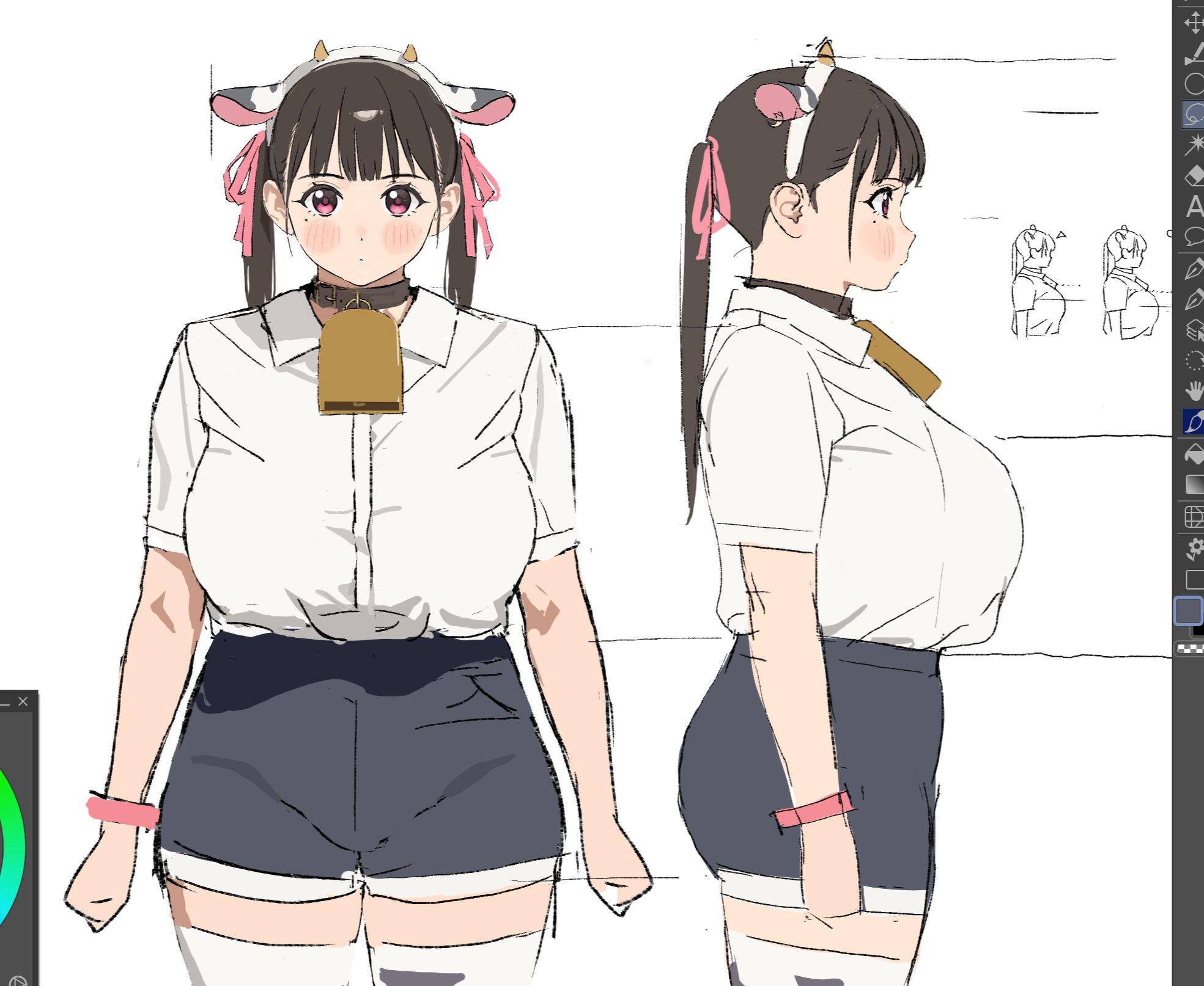 riki (riki unc), futao miruku (riki), clip studio paint, original, commentary, highres, symbol-only commentary, 1girl, animal ear hairband, animal ears, animal print, arms at sides, art program in frame, bell, black collar, black hair, breasts, closed mouth, collar, collared shirt, color wheel, cow ear hairband, cow ears, cow girl, cow horns, cow print, cow print thighhighs, cowbell, cowboy shot, dot mouth, dress shirt, earrings, expressionless, fake animal ears, fake horns, fanged bangs, from side, grey shorts, hair ribbon, hairband, hoop earrings, horn hairband, horns, jewelry, large breasts, long hair, mole, mole under eye, multiple views, neck bell, pink ribbon, print thighhighs, profile, purple eyes, ribbon, shirt, shirt tucked in, short shorts, short sleeves, shorts, simple background, standing, straight-on, thick thighs, thighhighs, thighs, twintails, white background, white hairband, white shirt, wing collar, wristband