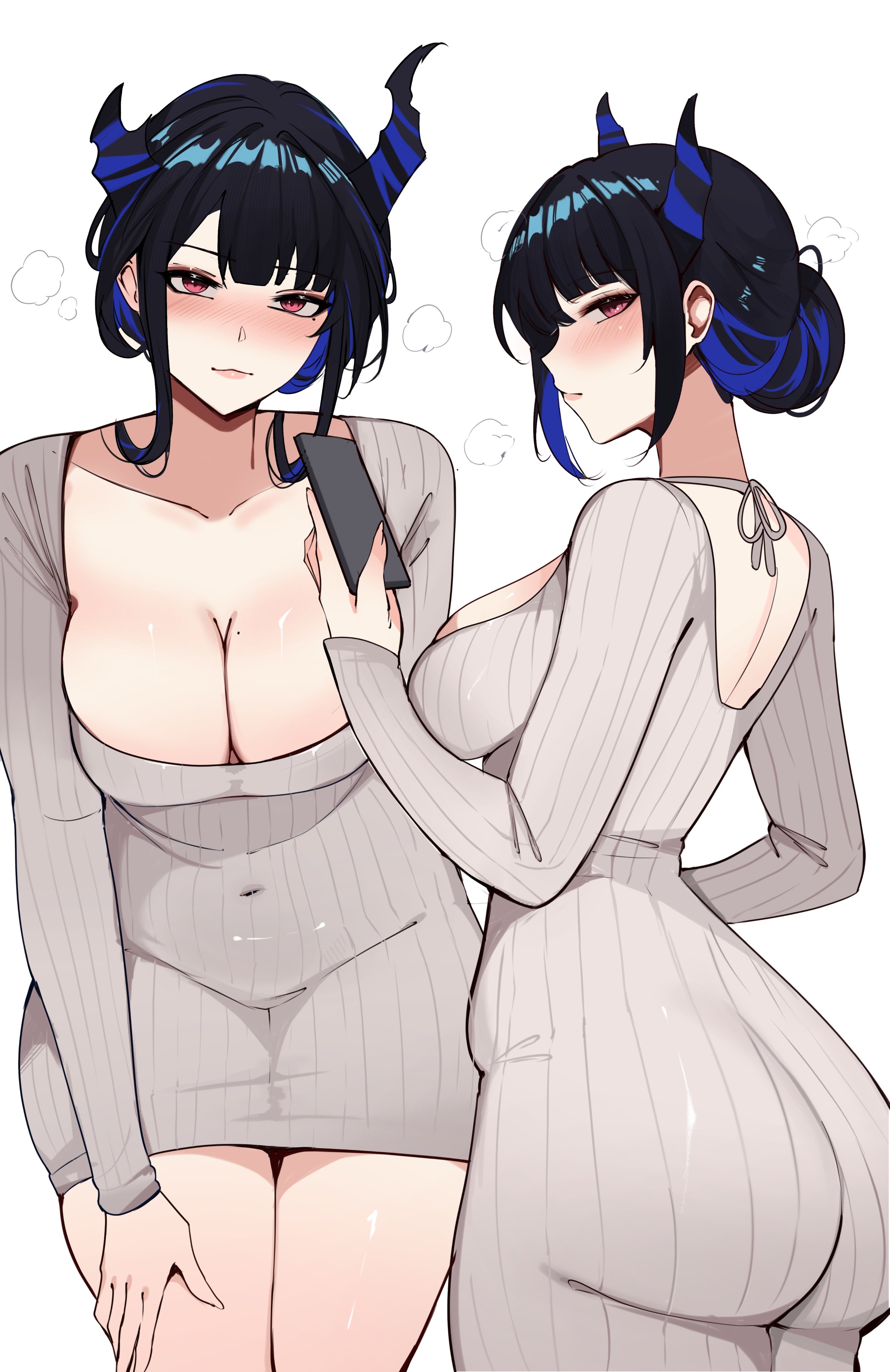 meeko illus, nerissa ravencroft, hololive, hololive english, absurdres, hashtag-only commentary, highres, 1girl, ass, asymmetrical horns, black hair, blue hair, blush, breasts, cellphone, cleavage, demon horns, dress, grey dress, holding, holding phone, horns, large breasts, looking at viewer, mole, mole under eye, multicolored hair, multiple views, phone, red eyes, smartphone, two-tone hair, uneven horns, virtual youtuber, white background