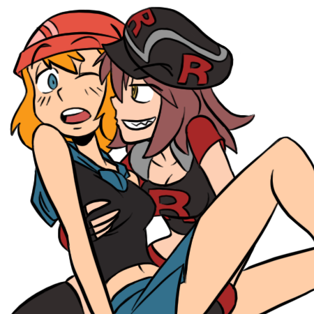 dawn (pokemon), dismay, dismay (pokemon), may (pokemon), misty (pokemon), 4chan, nintendo, pokemon, lowres, 2girls, blue eyes, breasts, brown hair, cleavage, clothes writing, cosplay, fusion, grabbing another's breast, grin, groping, holding, medium breasts, multiple girls, navel, one eye closed, orange hair, simple background, skirt, smile, team rocket, team rocket (cosplay), team rocket uniform, teeth, white background, wink, yellow eyes, yuri