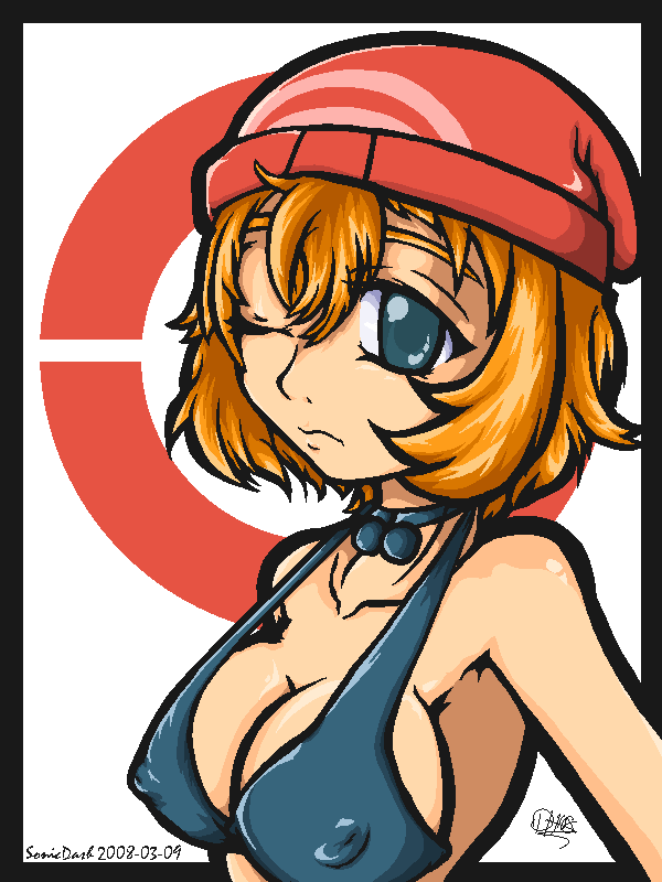 dismay, dismay (pokemon), nintendo, pokemon, 1girl, bikini, black border, border, breasts, cleavage, covered erect nipples, dated, female focus, large breasts, one eye closed, orange hair, outside border, short hair, simple background, solo, swimsuit, white background