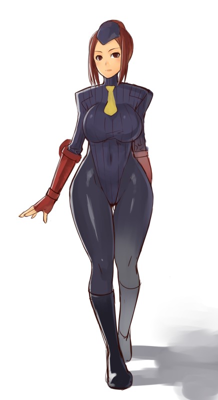 nagase haruhito, juli (street fighter), capcom, street fighter, 1girl, armor, boots, breasts, brown eyes, brown hair, elbow gloves, female focus, fingerless gloves, gloves, hat, hip focus, large breasts, necktie, solo, thick thighs, thighs, wide hips