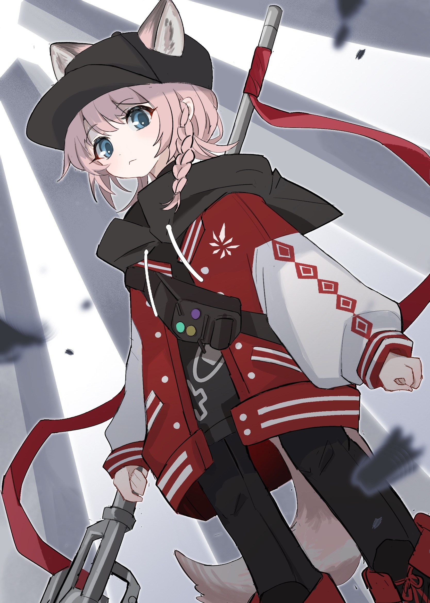 anotherniya, sussurro (arknights), sussurro (travel freely) (arknights), arknights, highres, 1girl, :<, animal ears, baseball cap, black hat, black hood, blue eyes, braid, dot nose, drawstring, dutch angle, ears through headwear, fanny pack, fox ears, fox girl, fox tail, from below, hat, holding, hood, hood down, jacket, long hair, long sleeves, looking at viewer, medium hair, open clothes, open jacket, pink hair, red jacket, single braid, solo, tail