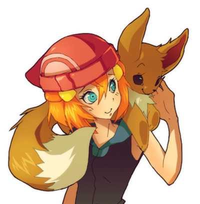 dawn (pokemon), dismay, dismay (pokemon), eevee, may (pokemon), misty (pokemon), 4chan, nintendo, pokemon, lowres, 1girl, blue eyes, fusion, gen 1 pokemon, hat, orange hair, pokemon (creature), simple background, smile, white background