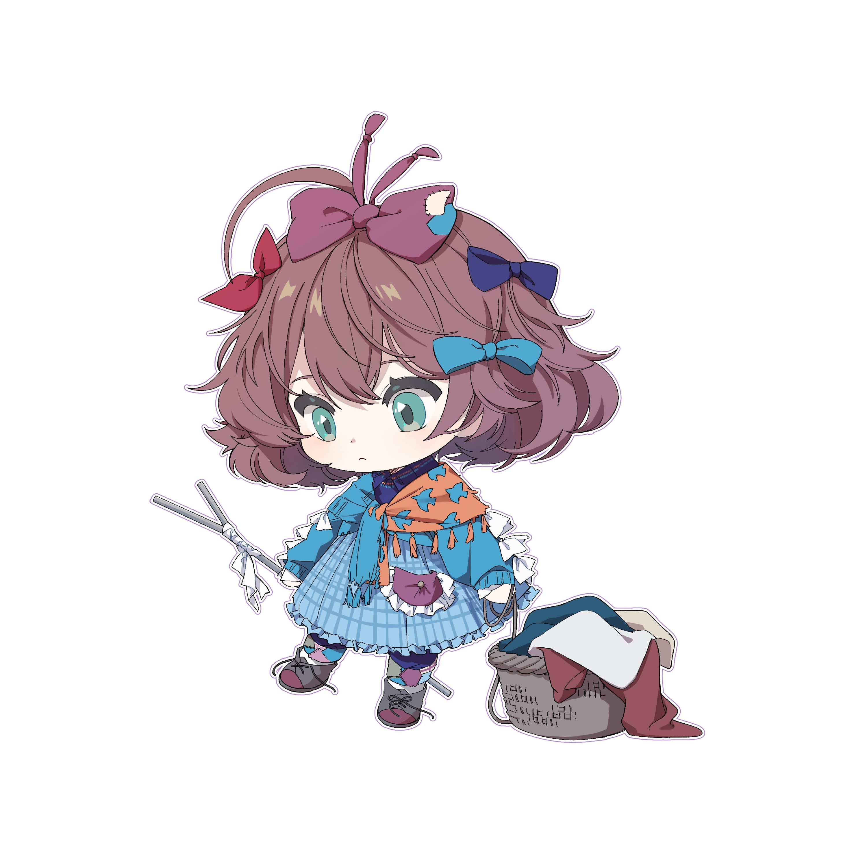 flutterpage, reverse:1999, absurdres, hashtag-only commentary, highres, 1girl, blue bow, blue dress, boots, bow, brown hair, chestnut ori, chibi, chibi only, closed mouth, dress, frilled dress, frills, full body, green eyes, grey boots, hair bow, lace-up boots, laundry, laundry basket, long sleeves, outline, purple bow, red bow, short hair, simple background, solo, standing, white background