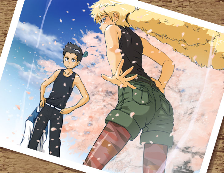 wait8, inugami hatsune, yadorigi akira, zettai karen children, bad id, bad pixiv id, 00s, 1boy, 1girl, blonde hair, camouflage, cherry blossoms, cloud, jewelry, necklace, pantyhose, pantyhose under shorts, petals, shorts, sky, tank top, wind