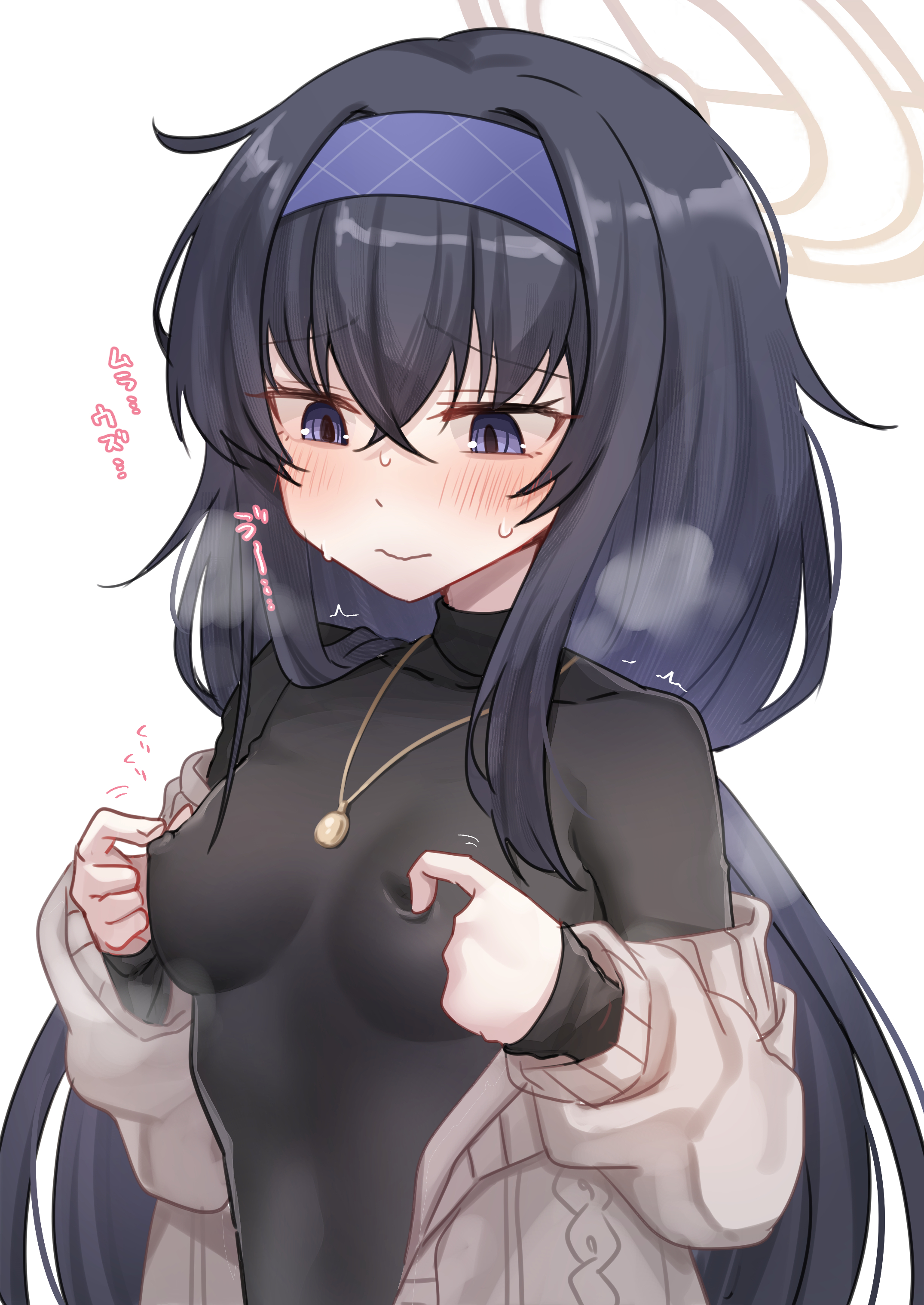 doraje, ui (blue archive), blue archive, absurdres, highres, 1girl, bags under eyes, black hair, black shirt, blue hairband, breasts, brown halo, cardigan, closed mouth, covered erect nipples, grabbing own breast, hair between eyes, hairband, halo, long hair, long sleeves, nipple stimulation, nipple tweak, nipple tweak through clothes, purple hairband, shirt, solo, turtleneck, turtleneck shirt, tweaking own nipple, undershirt, very long hair