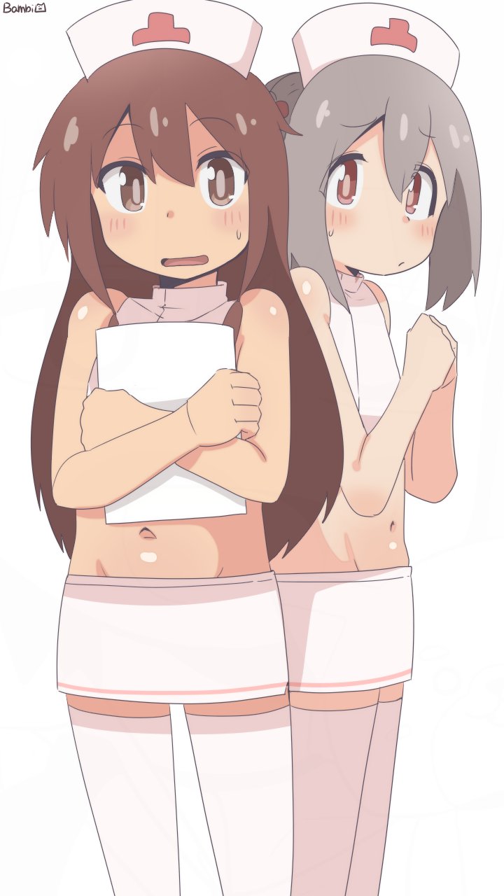bambi2000line, sakurada yuuta, senkawa minato, onii-chan wa oshimai!, commentary, highres, 2boys, artist name, bare arms, bare shoulders, blush, brown eyes, brown hair, crossdressing, crossdressing (mtf), grey hair, hair between eyes, hat, long hair, male focus, miniskirt, multiple boys, navel, nurse, nurse cap, simple background, skirt, sleeveless, thighhighs, trap, white background, white skirt, white thighhighs, zettai ryouiki