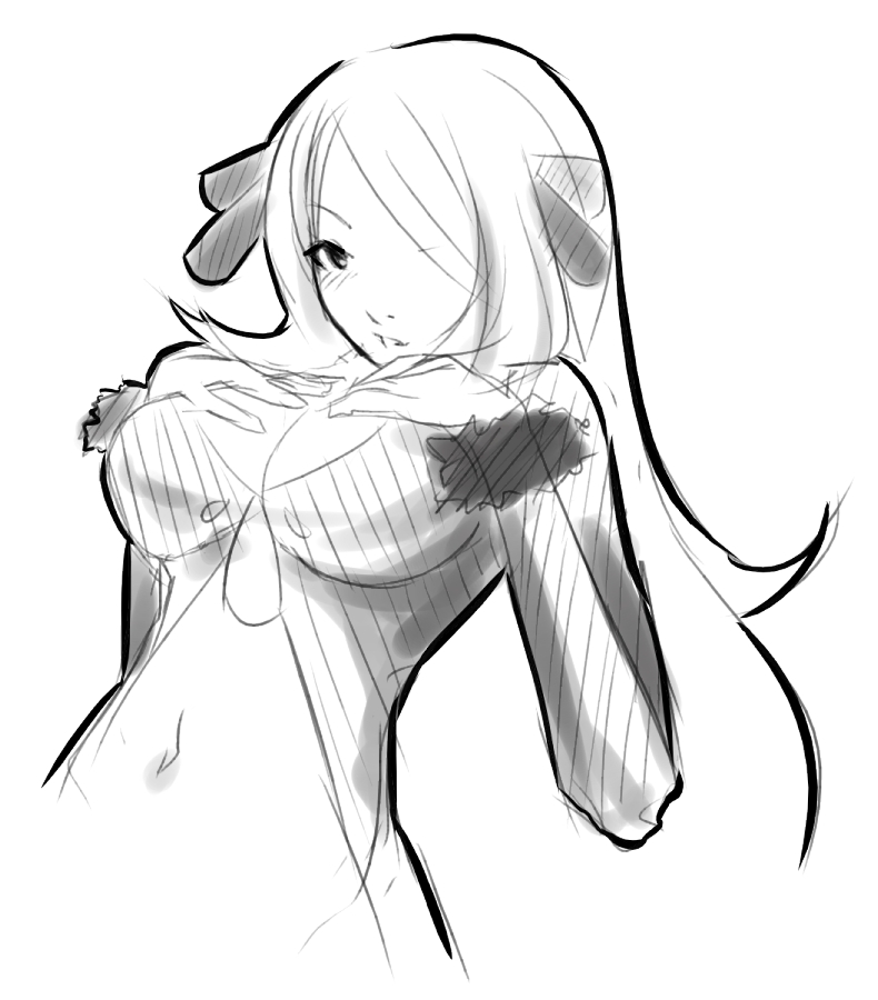 cynthia (pokemon), nintendo, pokemon, pokemon dppt, 00s, 1girl, blush, breast suppress, breasts, cleavage, female focus, greyscale, hair over one eye, long hair, midriff, monochrome, navel, simple background, solo, white background