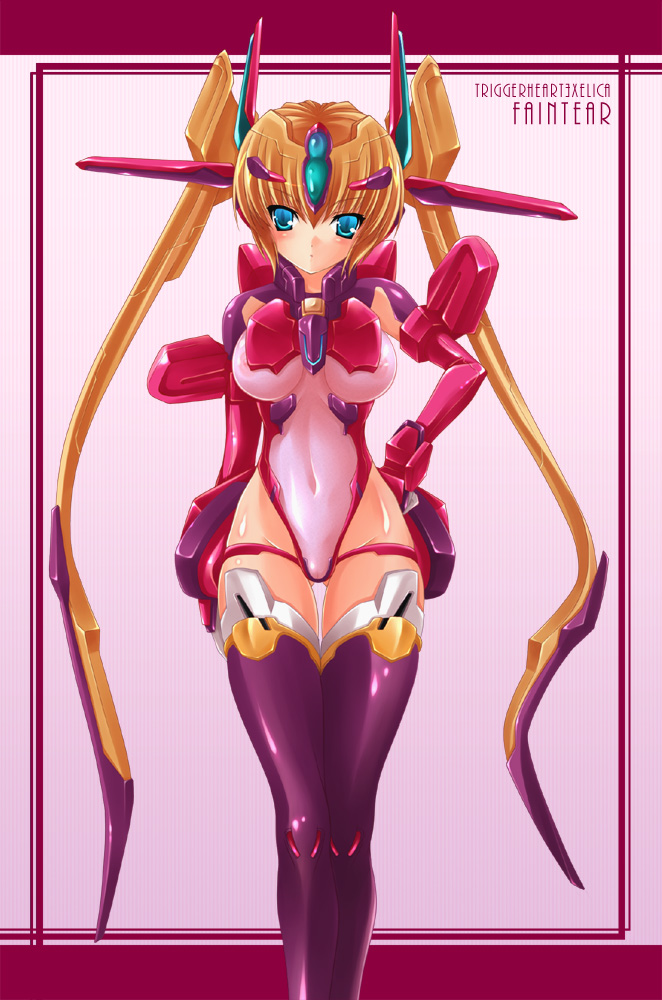 shujin, faintear, trigger heart exelica, 1girl, blonde hair, blue eyes, blush, breasts, brooch, cameltoe, circlet, embarrassed, female focus, hair ornament, hand on own hip, highleg, highleg leotard, impossible clothes, jewelry, large breasts, leotard, long hair, mecha musume, navel, nipples, purple thighhighs, see-through clothes, shiny clothes, skin tight, solo, standing, thigh gap, thigh strap, thighhighs, twintails, very long hair