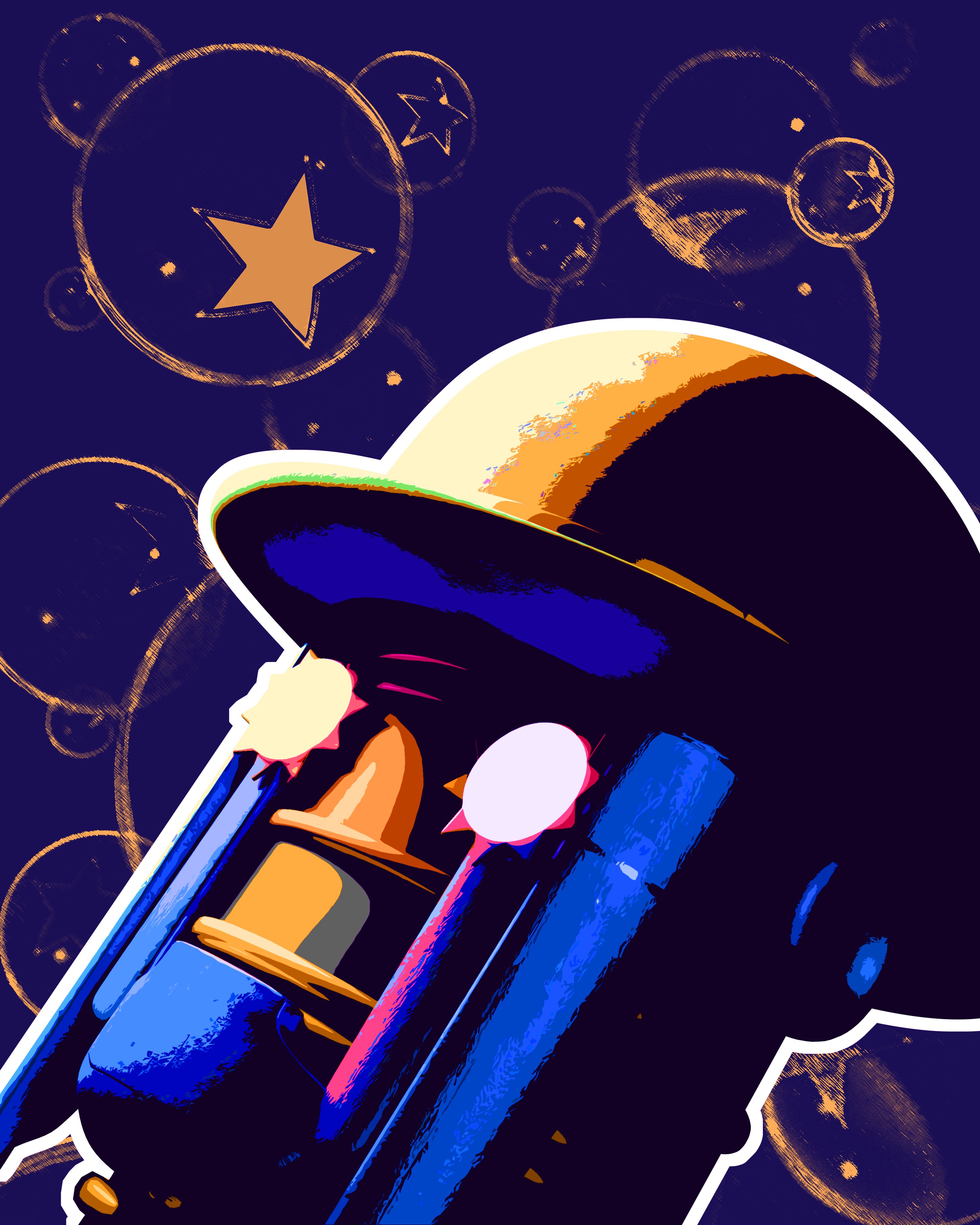 wonder of u, jojo no kimyou na bouken, jojolion, absurdres, blender (medium), commentary, english commentary, highres, 1other, blue background, bowler hat, bubble, from side, hat, no humans, other focus, outline, rezerkart, solo, stand (jojo), star (symbol), white eyes, white outline, yellow hat
