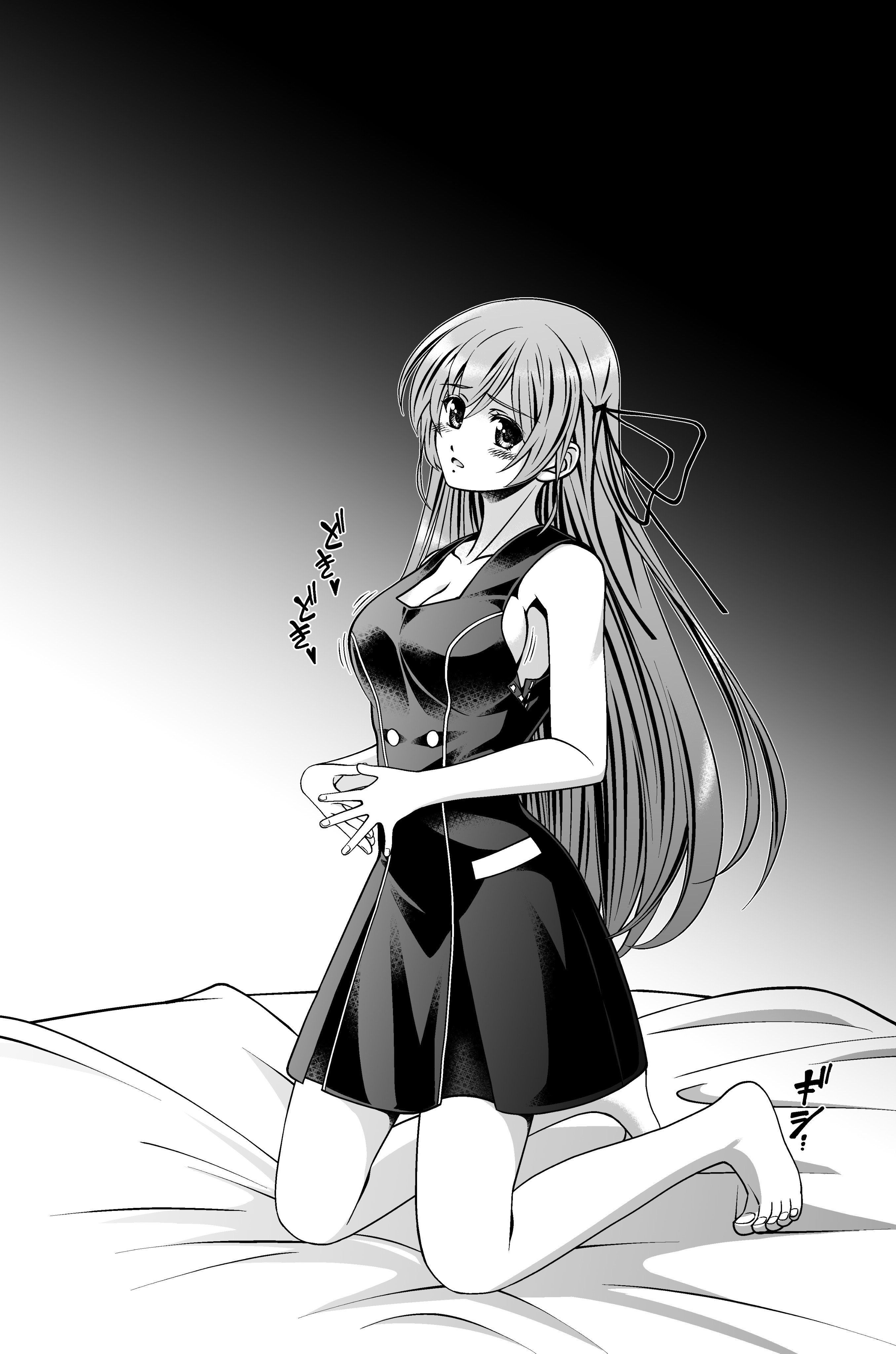 eibon, kurusu nono, chaos;child, science adventure, shiny eyes, absurdres, highres, translation request, 1girl, barefoot, bed sheet, blush, breasts, cleavage, dress, dress vest, embarrassed, greyscale, hair ribbon, hekiho academy school uniform, kneeling, long hair, looking at viewer, monochrome, no shirt, on bed, ribbon, school uniform, sideboob, skirt, solo, toenails, toes, very long hair