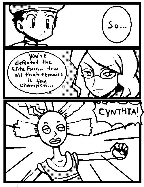 sailorclef, cynthia (rugrats), lucas (pokemon), lucian (pokemon), nickelodeon, nintendo, pokemon, pokemon dppt, rugrats, 1boy, 1girl, comic, crossover, doll, elite four, english text, glasses, greyscale, hat, holding, holding poke ball, lips, monochrome, name connection, parody, poke ball, pun, speech bubble