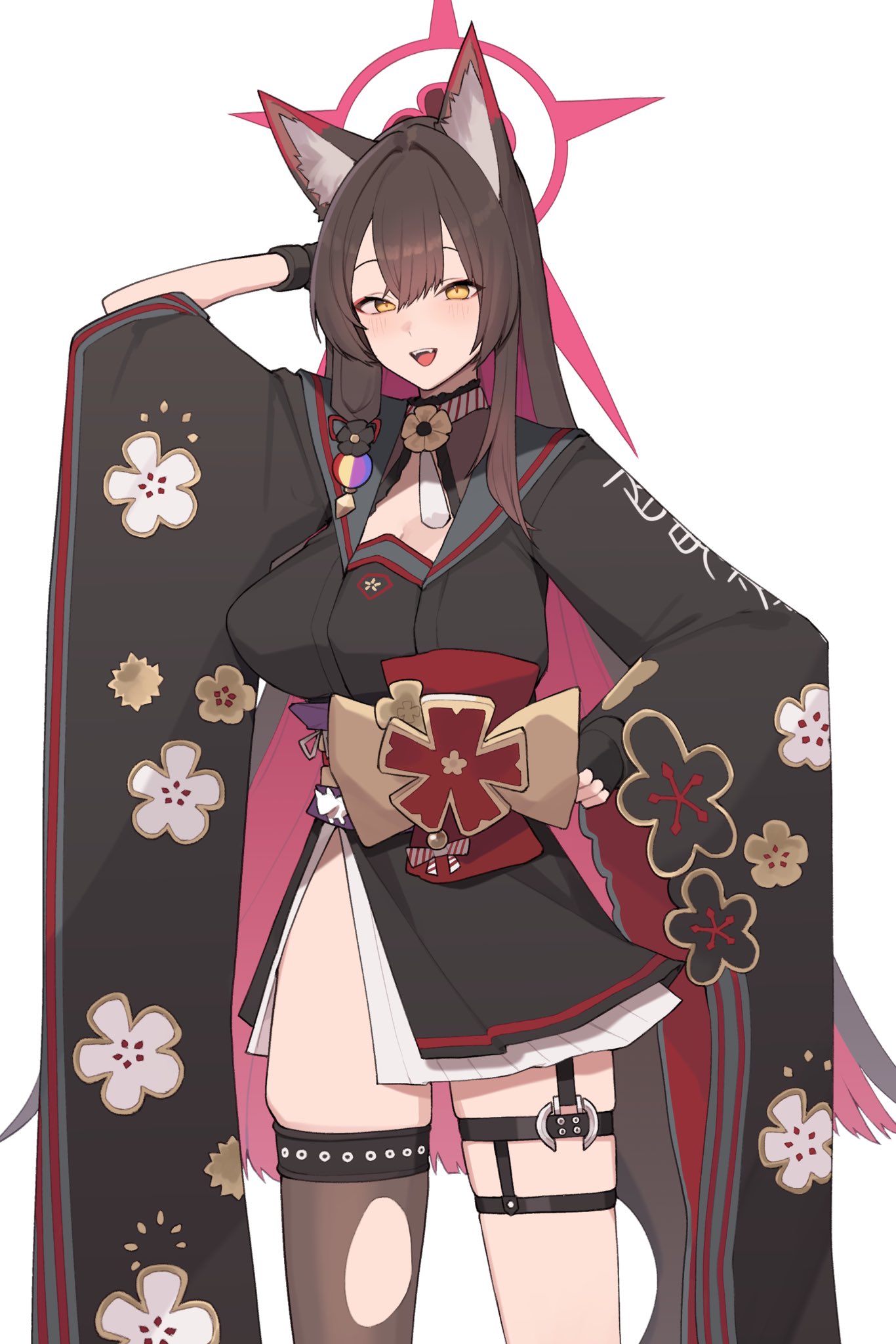 kurowanjjyang, wakamo (blue archive), blue archive, highres, 1girl, animal ear fluff, animal ears, arm behind head, arm up, black hair, black kimono, blush, breasts, flower, fox ears, fox girl, fox tail, hair ornament, halo, japanese clothes, kimono, large breasts, long hair, looking at viewer, multicolored hair, open mouth, red hair, red halo, smile, solo, tail, yellow eyes