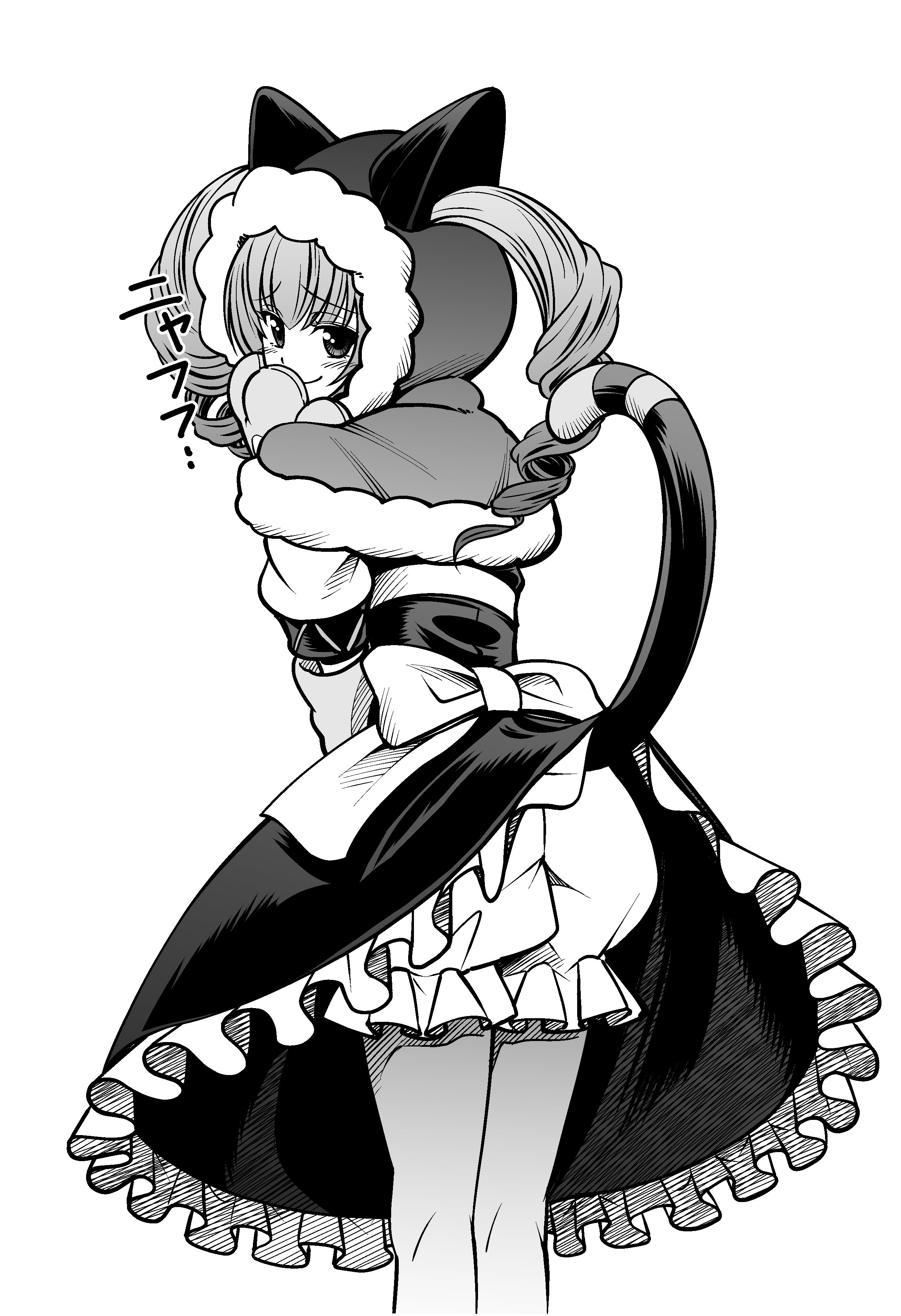 eibon, akiha rumiho, science adventure, steins;gate, steins;gate 0, absurdres, highres, translation request, 1girl, animal ear hood, animal ears, animal hands, ass, blush, capelet, cat ears, cat tail, covered kneepits, covering own mouth, dress, drill hair, fake animal ears, frilled dress, frilled shorts, frills, from behind, fur-trimmed capelet, fur-trimmed hood, fur trim, gloves, greyscale, hood, hooded capelet, looking back, mayqueen maid uniform, monochrome, pantyhose, paw gloves, petticoat, puffy short sleeves, puffy shorts, puffy sleeves, short sleeves, shorts, simple background, smug, solo, tail, twin drills, twintails