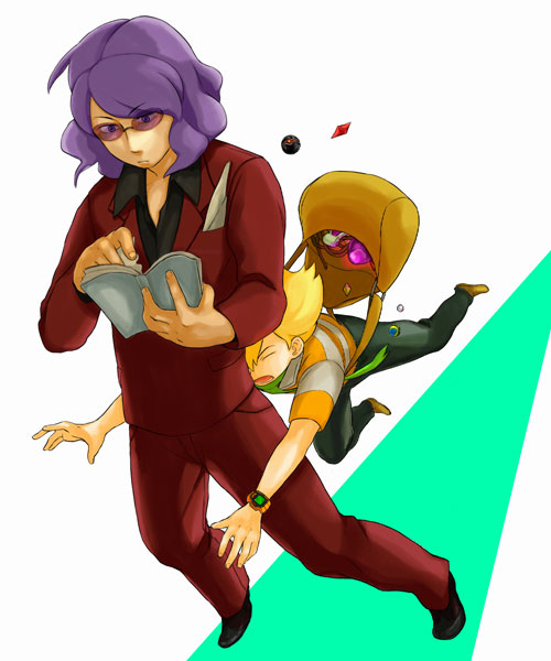 barry (pokemon), goyo (pokemon), lucian (pokemon), nintendo, pokemon, pokemon dppt, bookbag, artist request, source request, 00s, 2boys, bag, blonde hair, book, collide, collision, elite four, formal clothes, glasses, holding, holding book, luxury ball, male focus, multiple boys, open bag, open book, poke ball, poketch, potion, purple hair, rope, suit, thud, watch, wristwatch