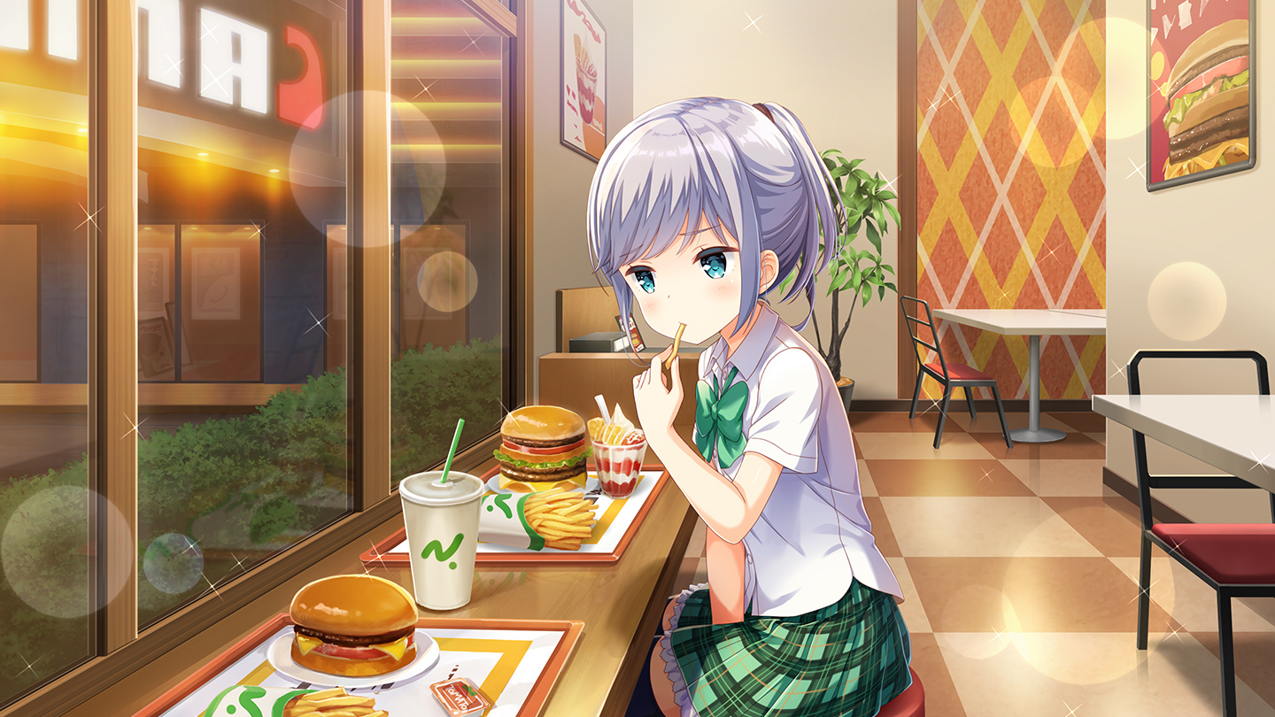 qp:flapper, tsukiguma rinko, girlfriend (kari), silver hair, official art, 1girl, blue eyes, blue hair, blush, bow, breasts, burger, card (medium), day, eating, female focus, food, french fries, green skirt, indoors, legs, looking at viewer, medium hair, night, open mouth, plaid clothes, plaid skirt, pleated skirt, ponytail, restaurant, school uniform, shirt, shoes, short sleeves, sidelocks, sitting, skirt, small breasts, socks, soles, solo, thighs, white shirt