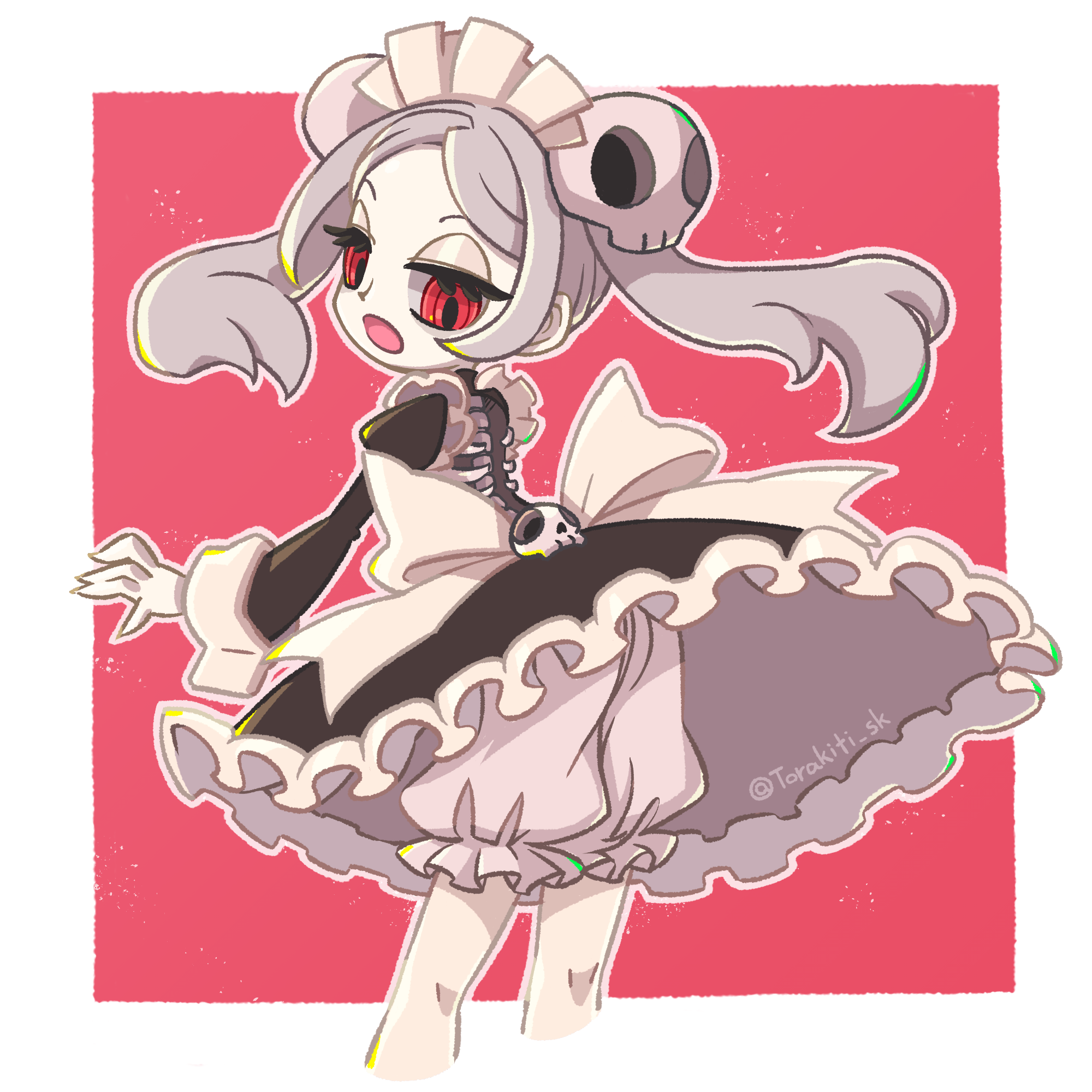torakiti sk, bloody marie (skullgirls), skullgirls, 1girl, adapted costume, apron, back bow, bloomers, bow, dress, exposed bone, frilled apron, frilled dress, frills, from behind, grey hair, hair ornament, half-closed eyes, juliet sleeves, long sleeves, looking back, looking down, maid headdress, open mouth, puffy sleeves, red background, red eyes, ribs, skeleton, skull hair ornament, solo, twintails, underwear