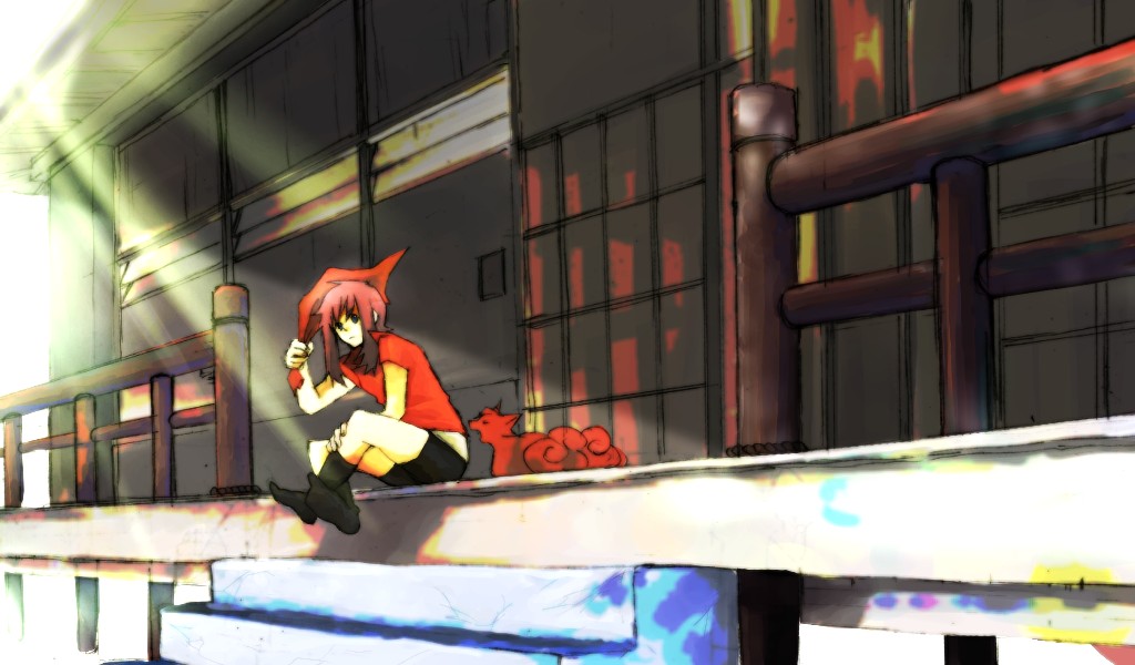 taoru (t kiji), may (pokemon), rokon, vulpix, nintendo, pokemon, pokemon adventures, pokemon rse, 00s, 1girl, brown hair, gen 1 pokemon, hat, outdoors, pokemon (creature), porch, sitting, socks, stairs, veranda