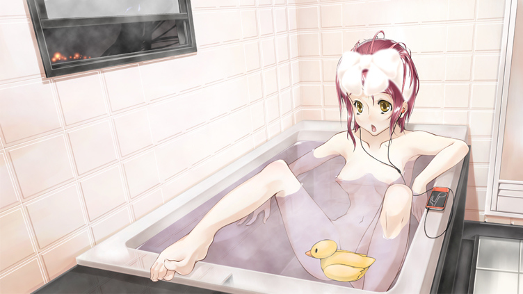 moriyama yuuki, toe-point, bad id, bad pixiv id, 1girl, barefoot, bath, bath toy, bathing, bathroom, bathtub, breasts, censored, convenient censoring, earbuds, earphones, feet, female focus, headphones, nipples, nude, pink hair, rubber duck, solo, steam, tile wall, tiles, toes, water, window, yellow eyes