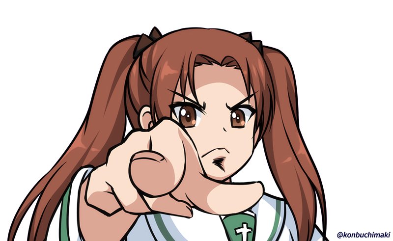 kadotani anzu, kenshiro, girls und panzer, hokuto no ken, 1girl, bow, brown eyes, brown hair, cross, hair bow, hair ribbon, konbuchimaki, long hair, long sleeves, looking at viewer, ooarai school uniform, pointing, pointing at viewer, ribbon, sailor collar, scene reference, school uniform, serious, shirt, simple background, solo, standing, twintails, twitter username, white background, white sailor collar, you are already dead