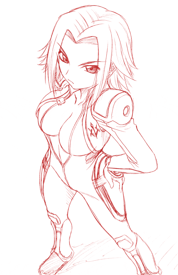 misnon the great, kouzuki kallen, code geass, 00s, 1girl, angry, breasts, female focus, large breasts, monochrome, open clothes, red theme, short hair, sketch, solo