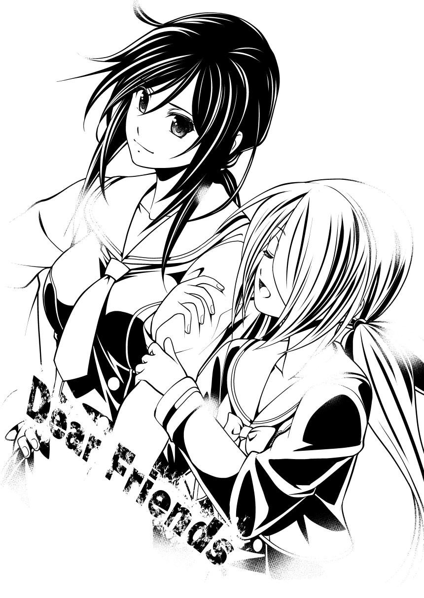 eibon, kunosato mio, minamisawa senri, chaos;child, science adventure, highres, 2girls, blush, breasts, chest bow, cleavage, closed eyes, collarbome, collarbone, cropped jacket, dress, english text, greyscale, hair between eyes, hair over one eye, hair ribbon, hekiho academy school uniform, jacket, long hair, long sleeves, looking at another, looking at viewer, monochrome, multiple girls, necktie, open mouth, ponytail, ribbon, sailor collar, sailor shirt, school uniform, shirt, short necktie, simple background, small breasts, smile, twintails, upper body, very long hair, white background, white sailor collar