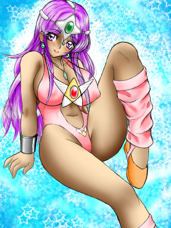manya (dq4), chunsoft, dragon quest, dragon quest iv, enix, blush, breasts, cleavage, covered erect nipples, jewelry, large breasts, leg warmers, leotard, necklace, purple eyes, purple hair