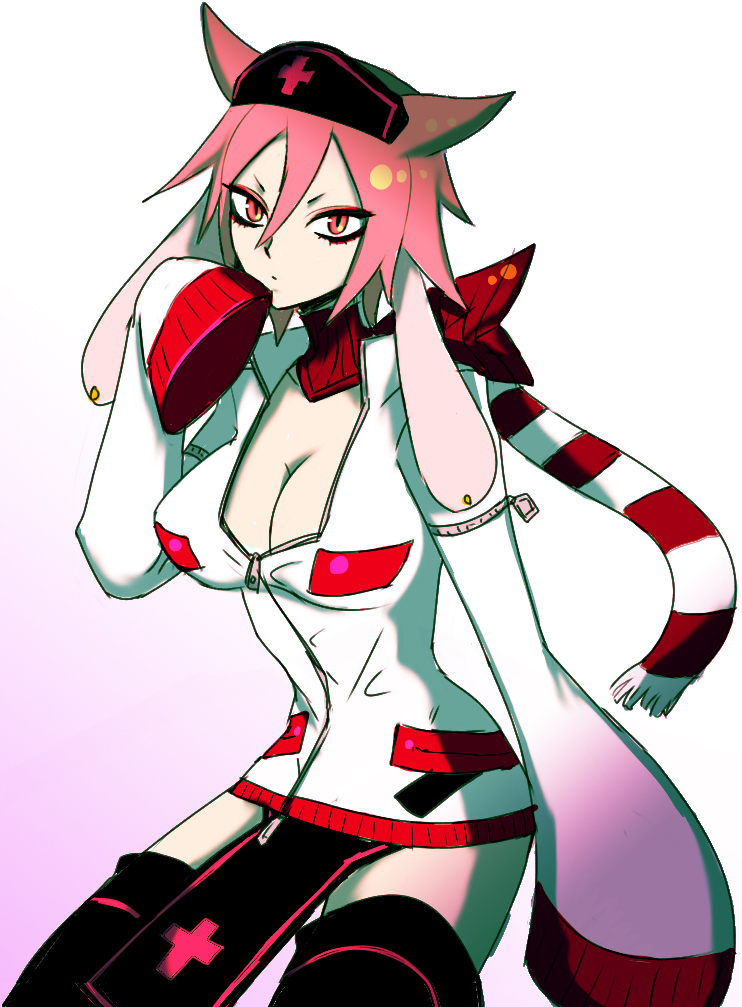 igarashi ran (igatz), igatz, original, bad id, bad pixiv id, 1girl, animal ears, breasts, cleavage, female focus, large breasts, pink eyes, pink hair, scarf, short hair, solo, thighhighs, unzipped