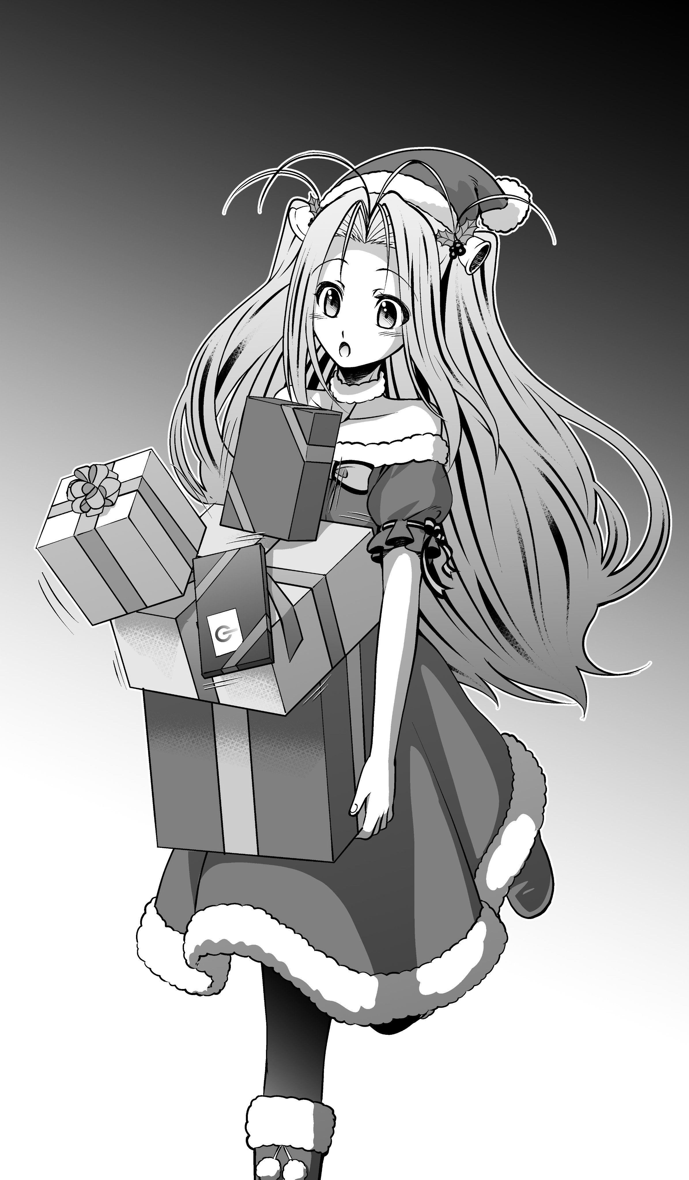 eibon, yukifune airi, robotics;notes, science adventure, absurdres, highres, 1girl, :o, antenna hair, bare shoulders, blush, boots, box, choker, christmas, collarbone, dress, full body, fur-trimmed boots, fur-trimmed choker, fur-trimmed dress, fur trim, gift, gradient background, greyscale, hat, holding, holding gift, long hair, monochrome, pantyhose, santa costume, santa dress, santa hat, sidelocks, solo, very long hair