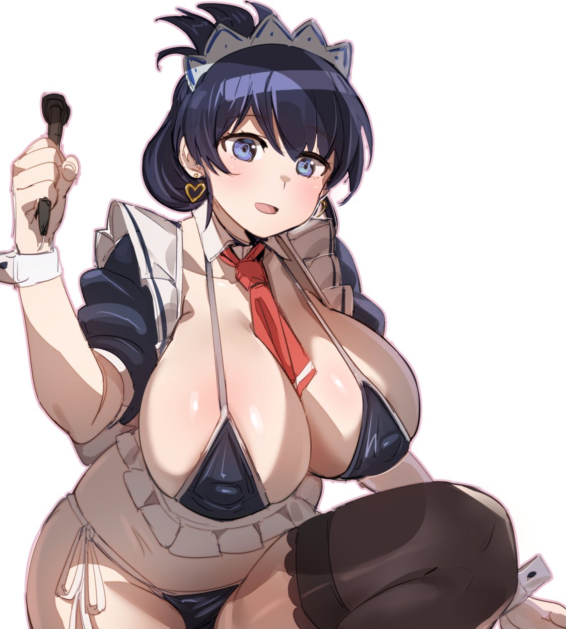 bow (bhp), arato nagi, ruri no houseki, highres, 1girl, apron, between breasts, bikini, black bikini, black hair, black thighhighs, breasts, covered erect nipples, detached collar, earrings, folded ponytail, hammer, heart, heart earrings, jewelry, lace, lace-trimmed thighhighs, lace trim, large breasts, long hair, maid, maid bikini, maid headdress, necktie, necktie between breasts, red necktie, swimsuit, thighhighs, unconventional maid, waist apron, wrist cuffs