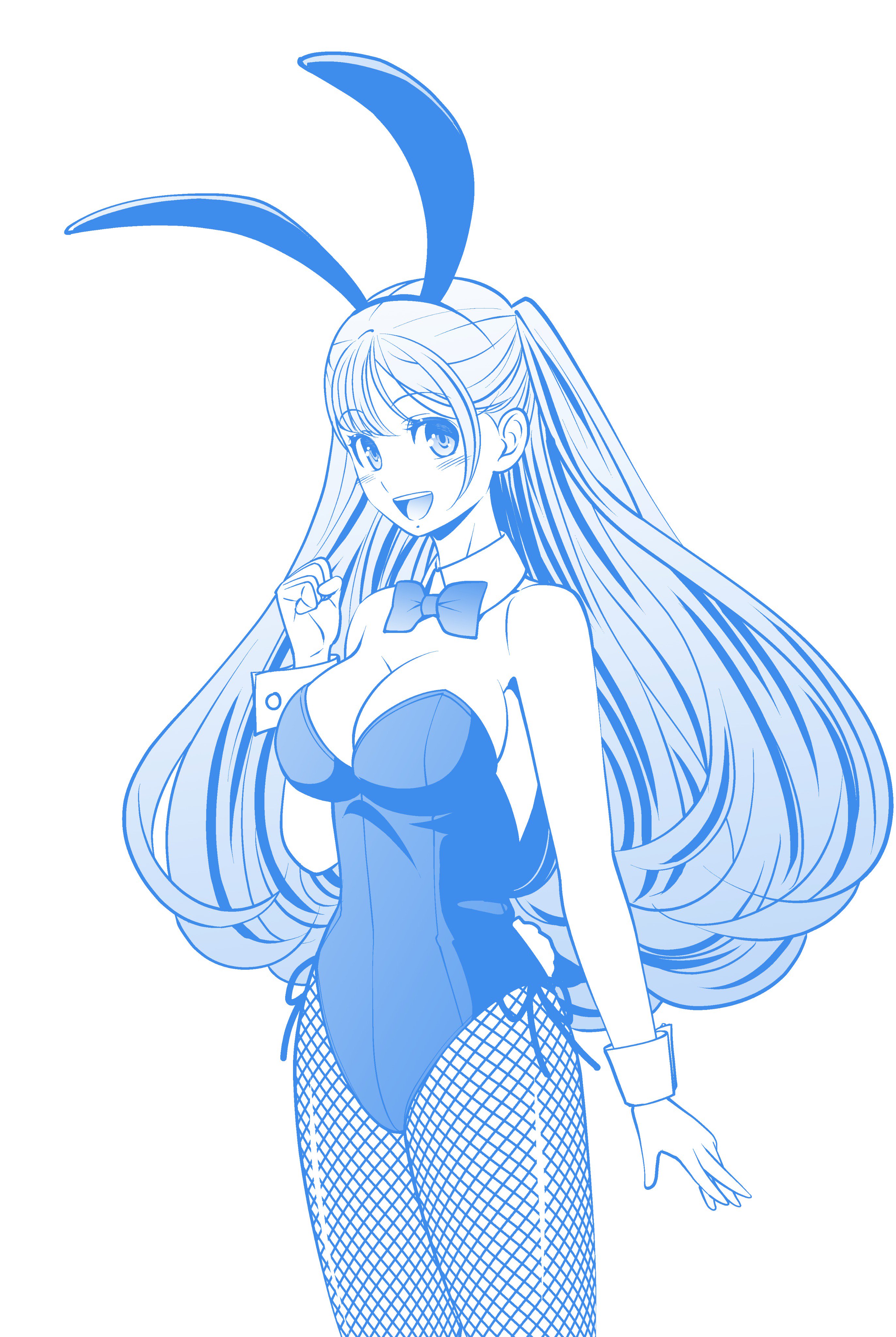 eibon, yukifune airi, robotics;notes, robotics;notes dash, science adventure, absurdres, highres, 1girl, animal ears, black leotard, blue theme, bow, bowtie, breasts, clenched hand, detached collar, fake animal ears, fishnets, leotard, long hair, looking at viewer, medium breasts, monochrome, open mouth, playboy bunny, rabbit ears, smile, solo, strapless, strapless leotard, teeth, tongue, upper teeth only, wrist cuffs